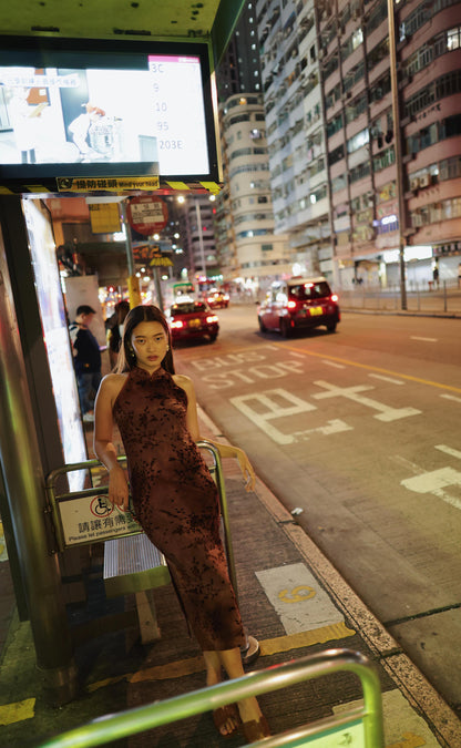 DARK SIENNA HALTERNECK SILK-BLEND CHEONGSAM