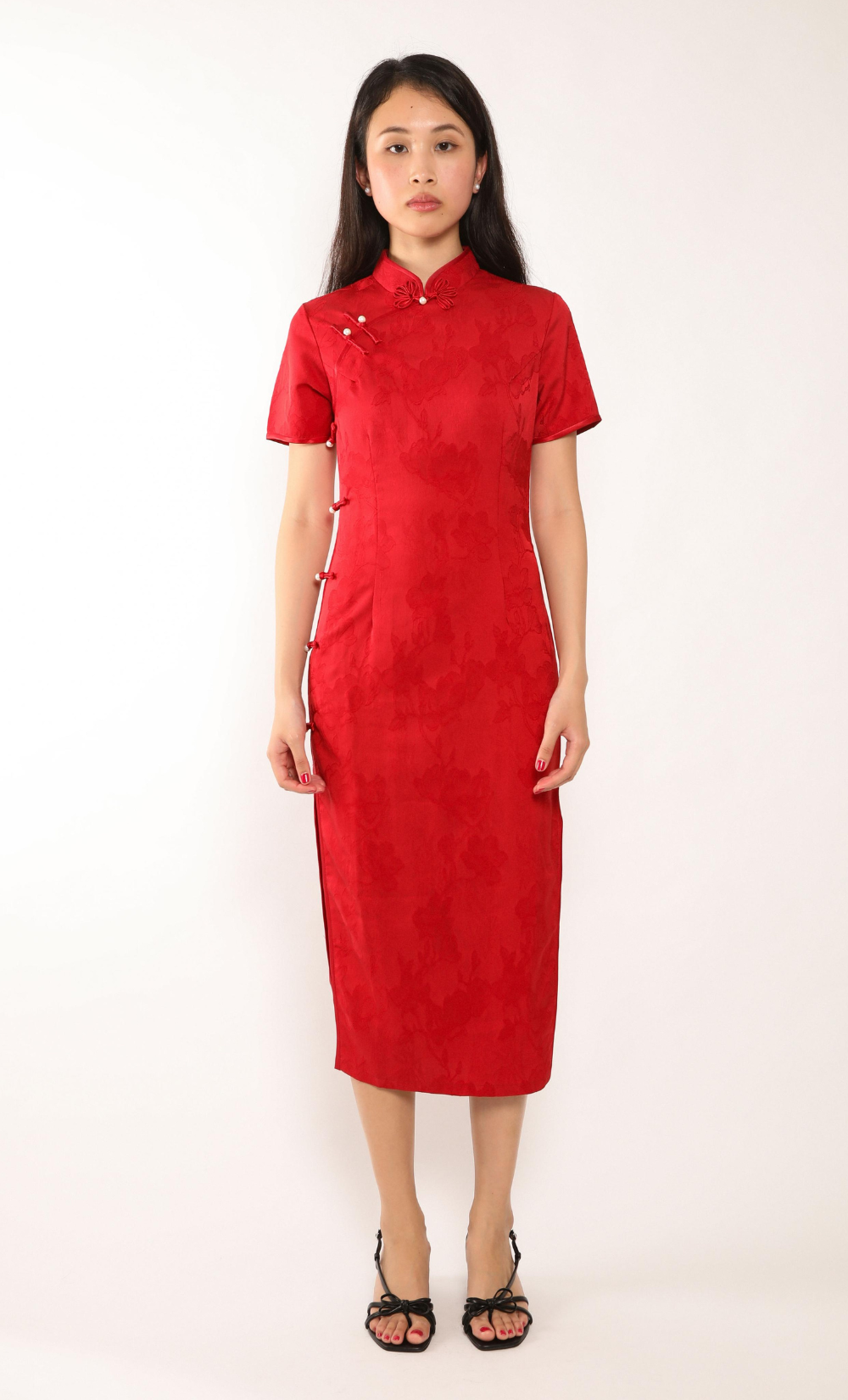 SCARLET MAGNOLIA SATIN-BLEND CHEONGSAM