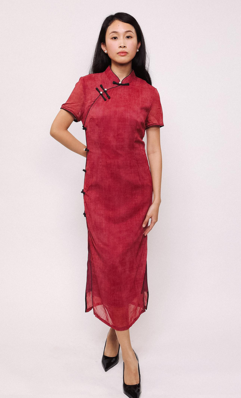 LAYERED ROSE LINEN-BLEND CHEONGSAM