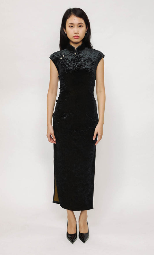 NOIR CRUSHED VELVET CHEONGSAM