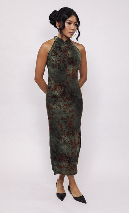 BLOSSOM HALTERNECK SILK-BLEND CHEONGSAM