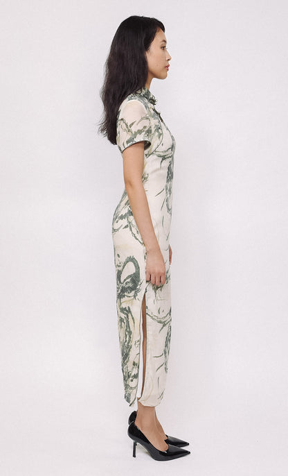 SAGE SWIRL LINEN-BLEND CHEONGSAM