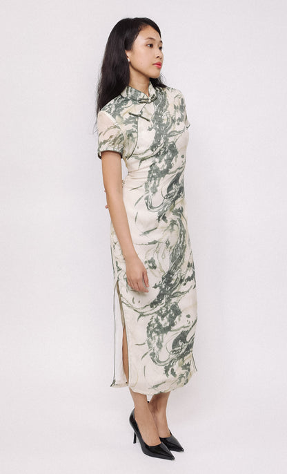 SAGE SWIRL LINEN-BLEND CHEONGSAM