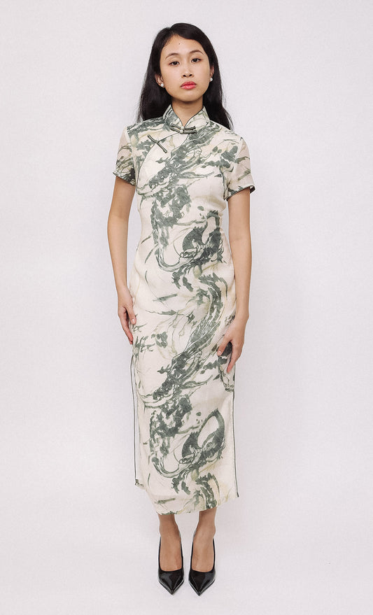 SAGE SWIRL LINEN-BLEND CHEONGSAM