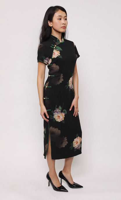 MIDNIGHT PEONY SILK-BLEND CHEONGSAM