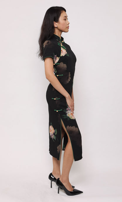 MIDNIGHT PEONY SILK-BLEND CHEONGSAM