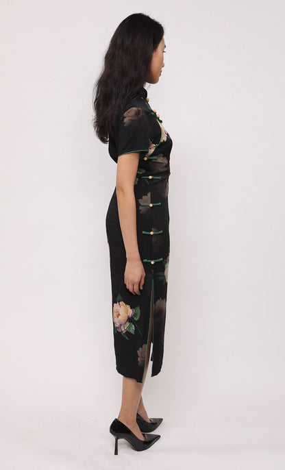 MIDNIGHT PEONY SILK-BLEND CHEONGSAM