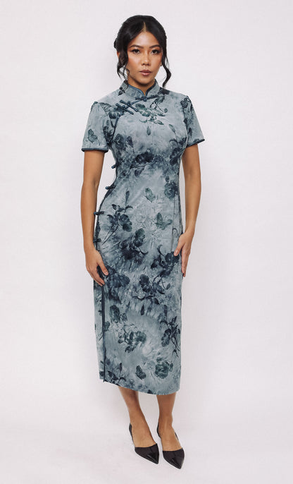 CORNFLOWER BLOOM SILK-BLEND CHEONGSAM